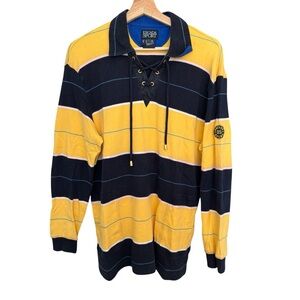 Vintage Escada Sport Yellow Black Stripe Rugby Collared Sweatshirt Long Sleeve L